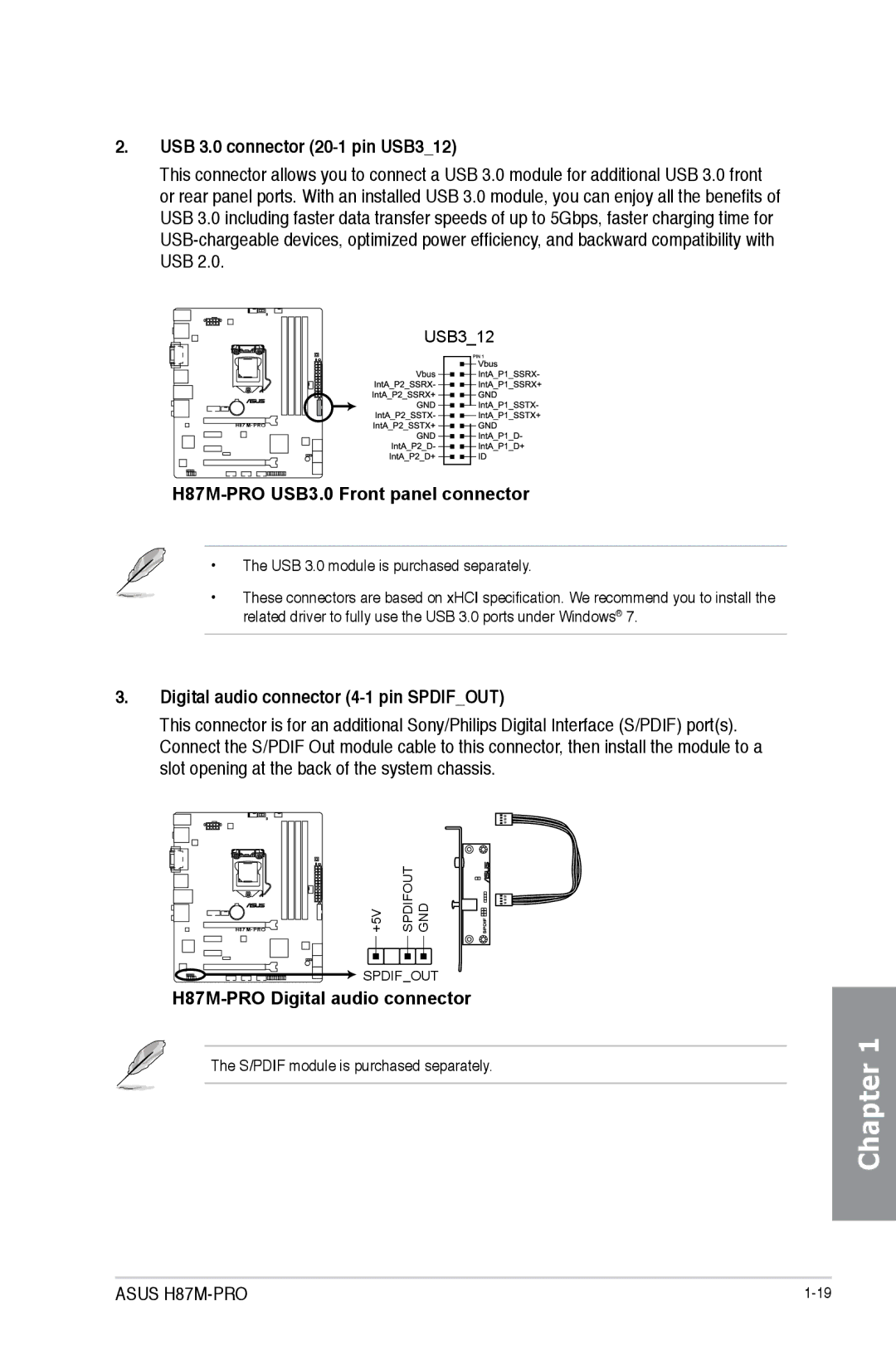 Asus H87M-PRO manual USB 3.0 connector 20-1 pin USB312, Digital audio connector 4-1 pin Spdifout 