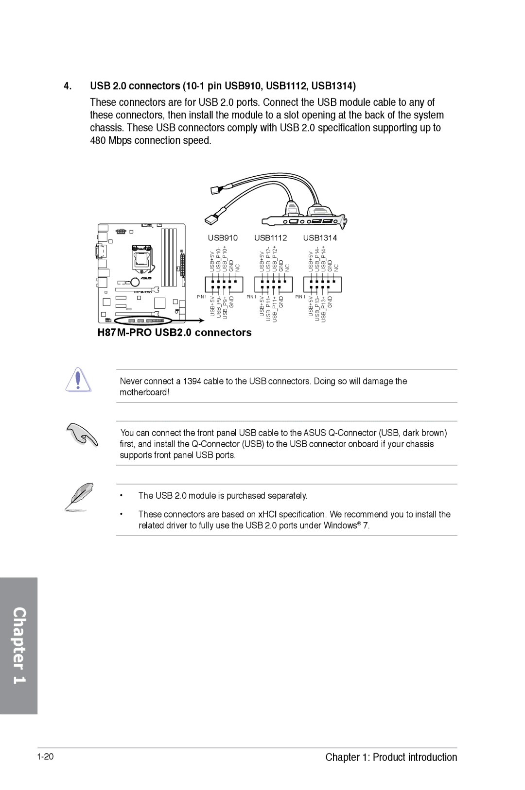 Asus H87M-PRO manual USB 2.0 connectors 10-1 pin USB910, USB1112, USB1314, Mbps connection speed 