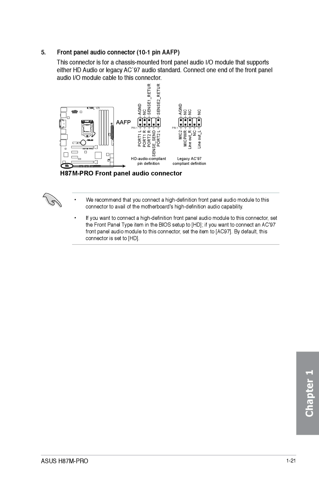 Asus H87M-PRO manual Front panel audio connector 10-1 pin Aafp 