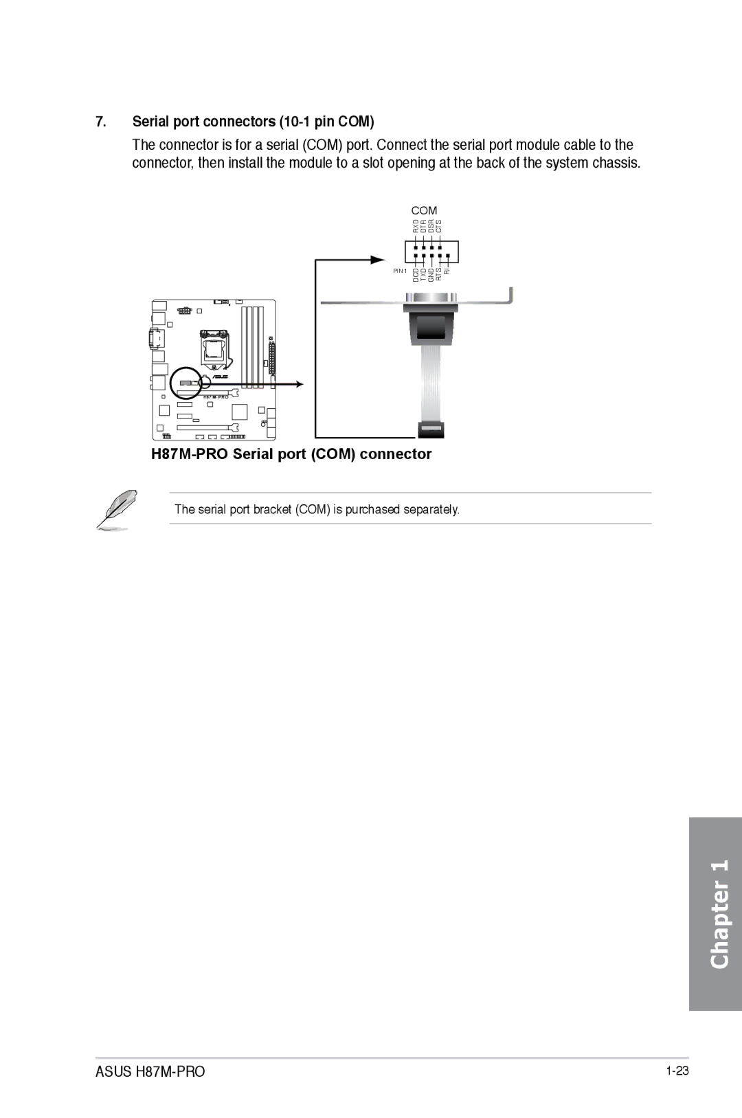 Asus H87M-PRO manual Serial port connectors 10-1 pin COM 