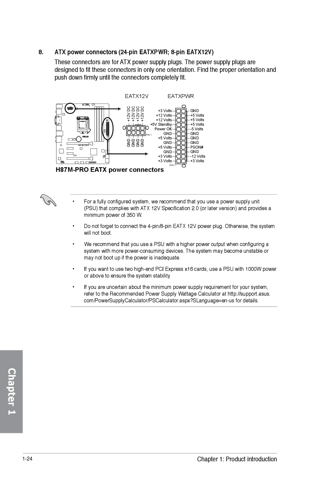 Asus H87M-PRO manual ATX power connectors 24-pin Eatxpwr 8-pin EATX12V, EATX12V Eatxpwr 