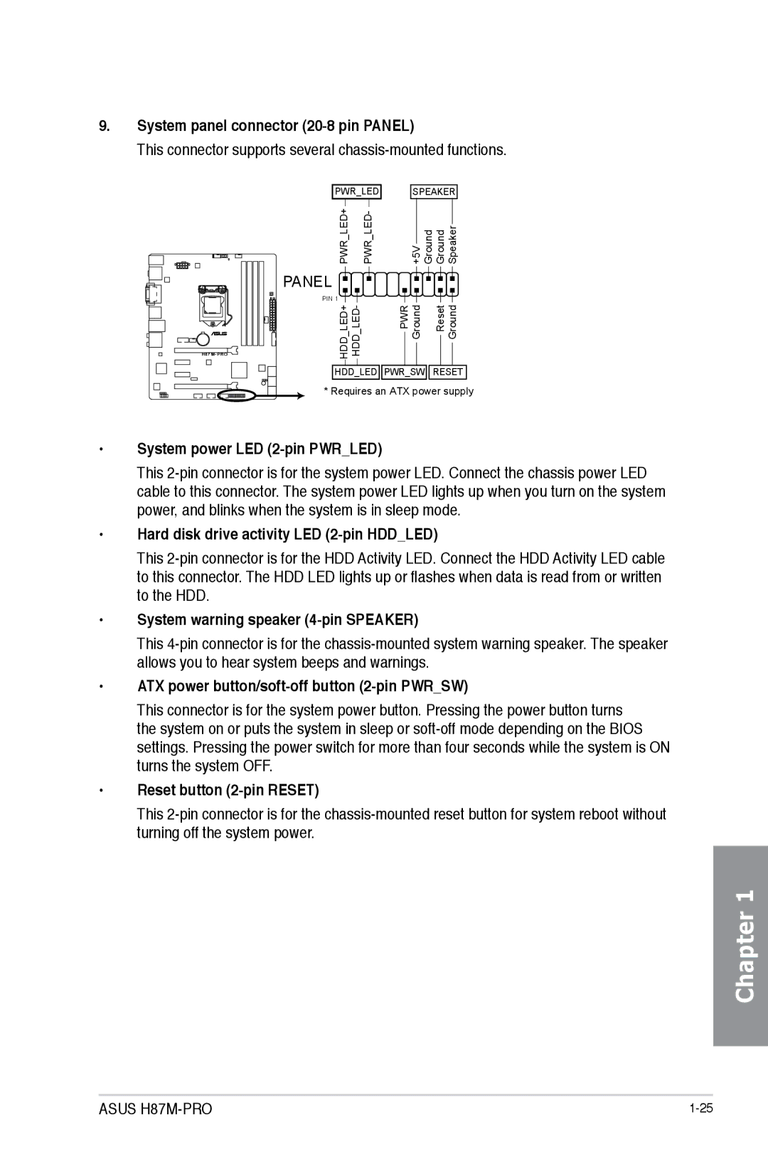 Asus H87M-PRO System panel connector 20-8 pin Panel, System power LED 2-pin Pwrled, System warning speaker 4-pin Speaker 