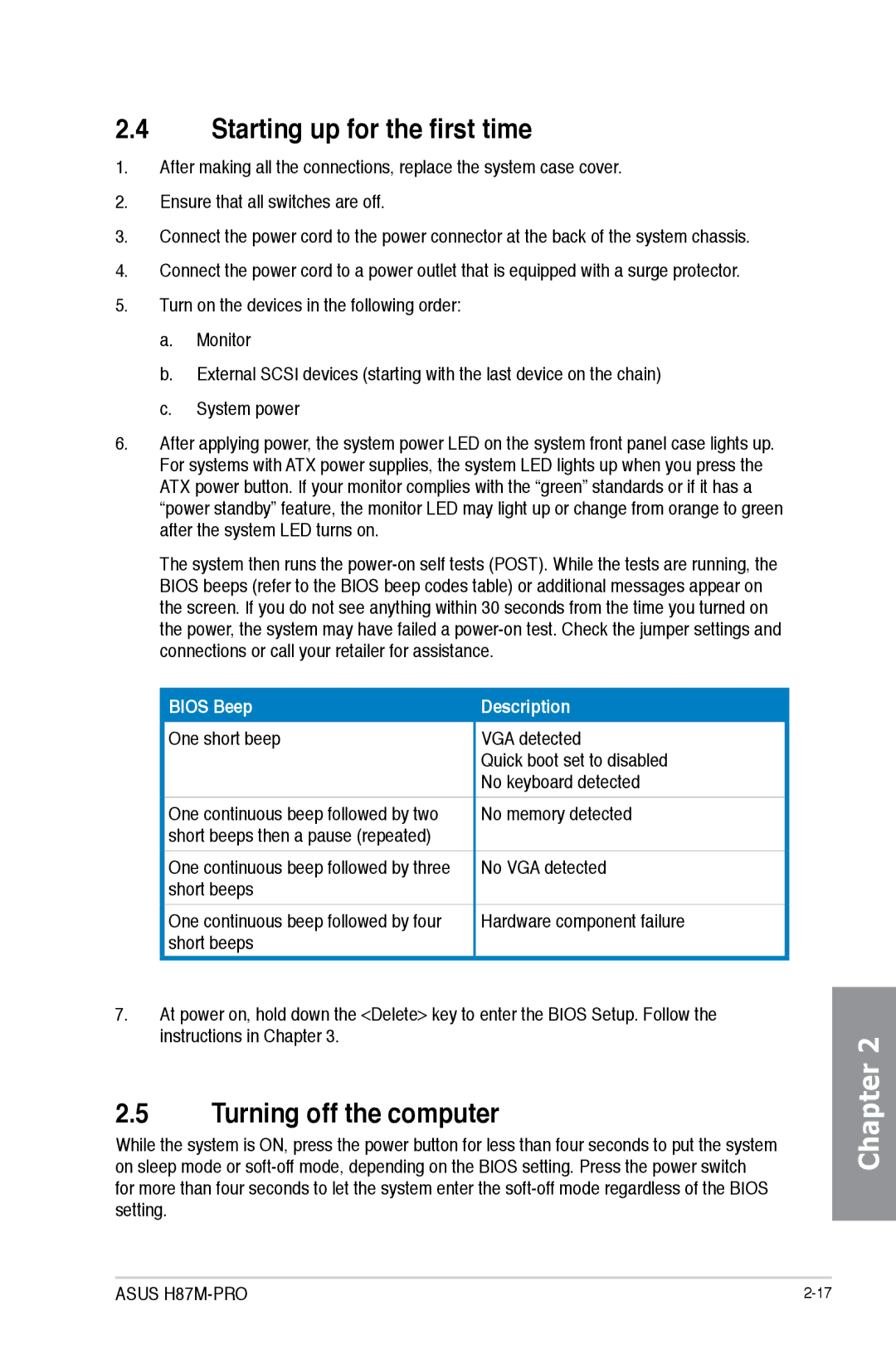 Asus H87M-PRO manual Starting up for the first time, Turning off the computer, One short beep, VGA detected 