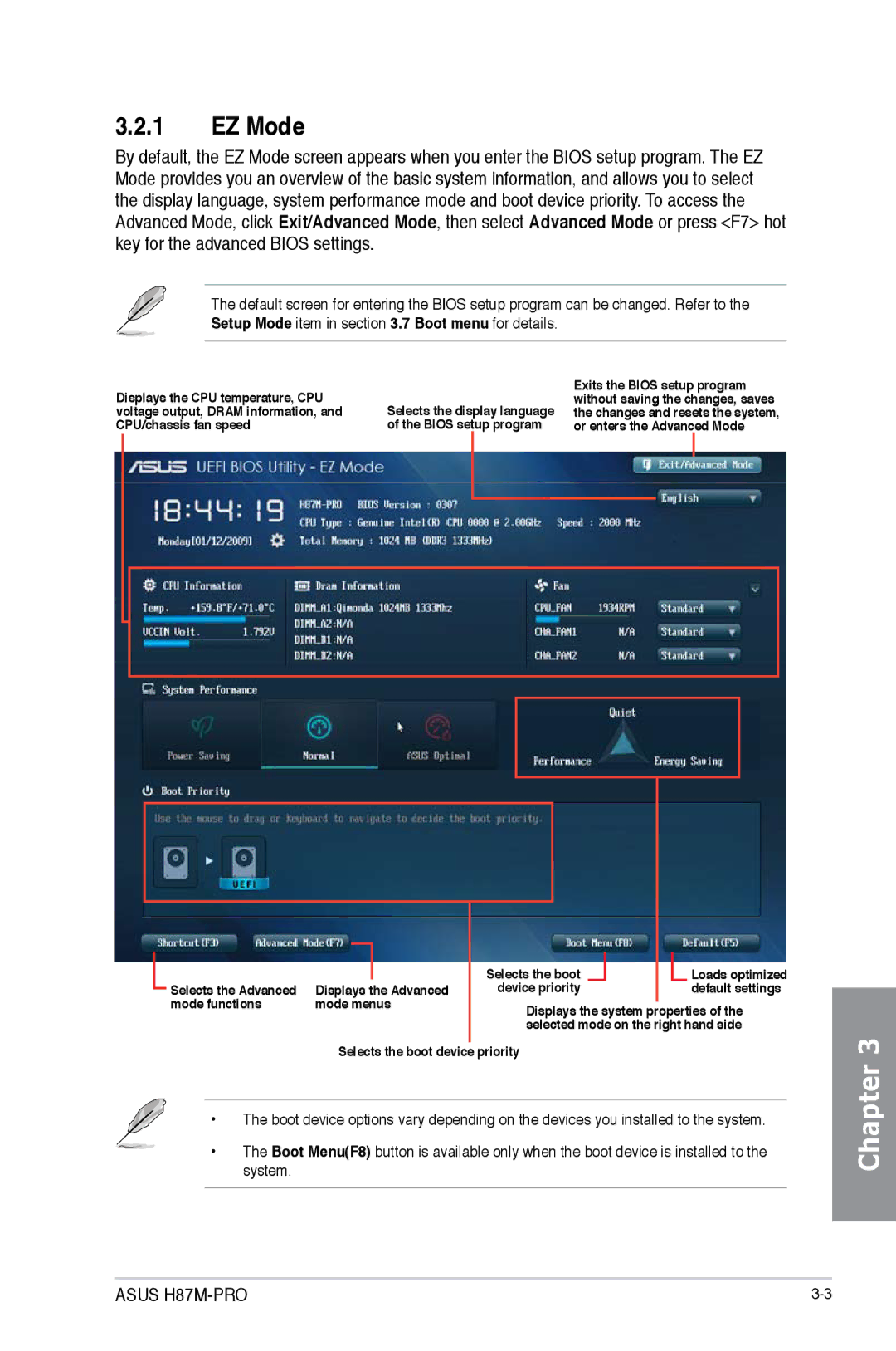 Asus H87M-PRO manual EZ Mode, CPU/chassis fan speed 