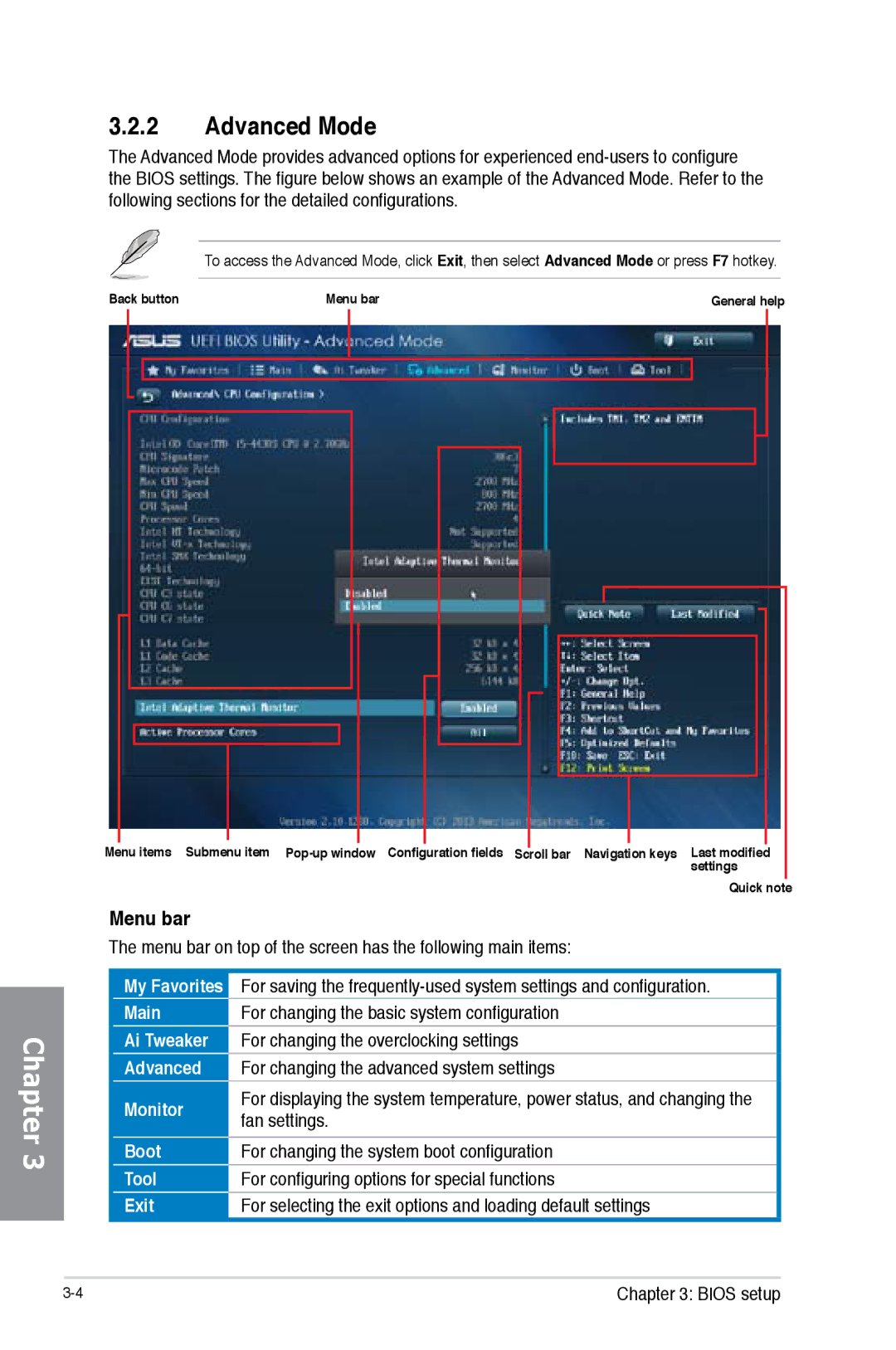 Asus H87M-PRO manual Advanced Mode, Menu bar on top of the screen has the following main items 