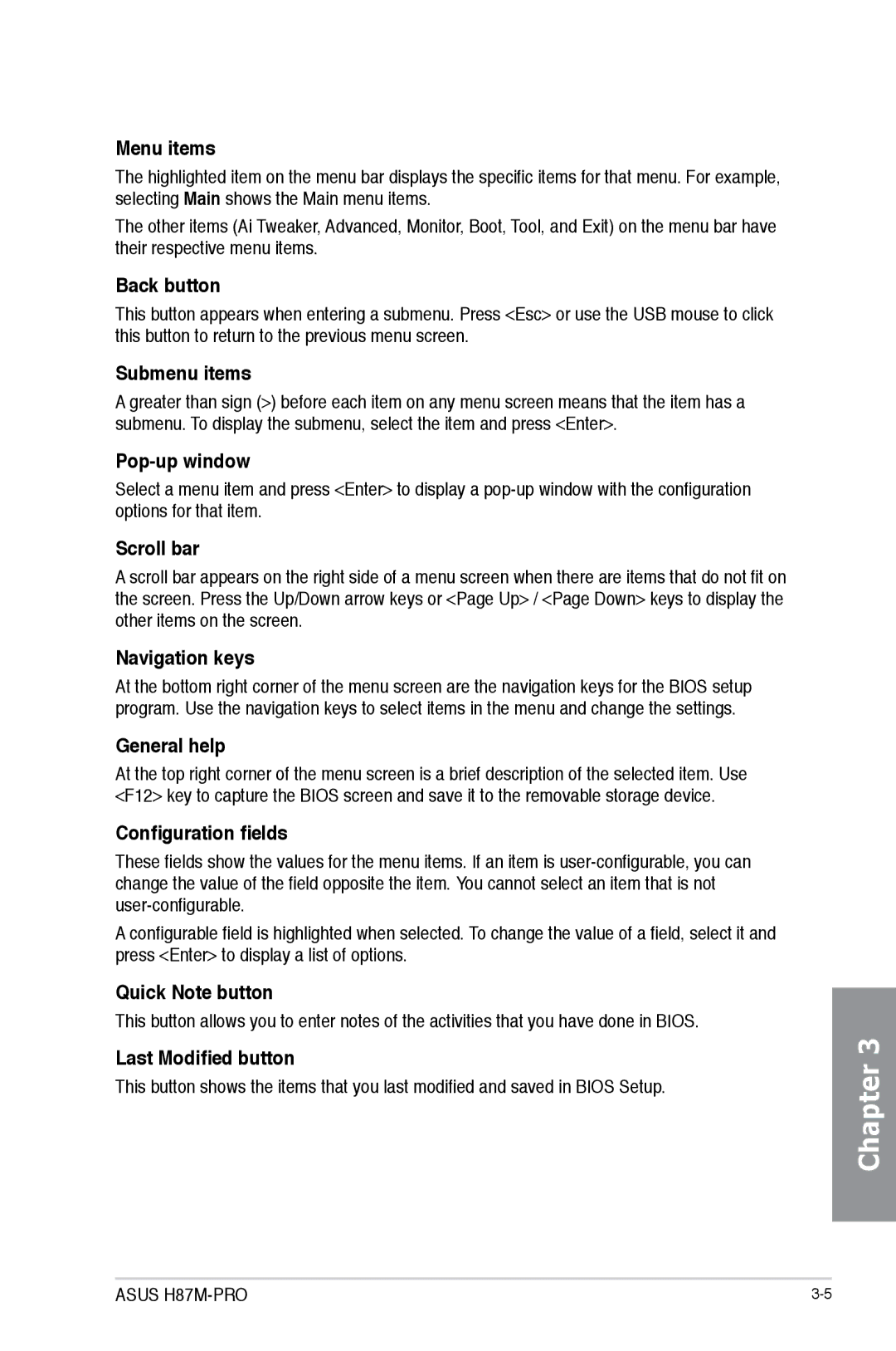 Asus H87M-PRO manual Menu items, Back button, Submenu items, Pop-up window, Scroll bar, Navigation keys, General help 