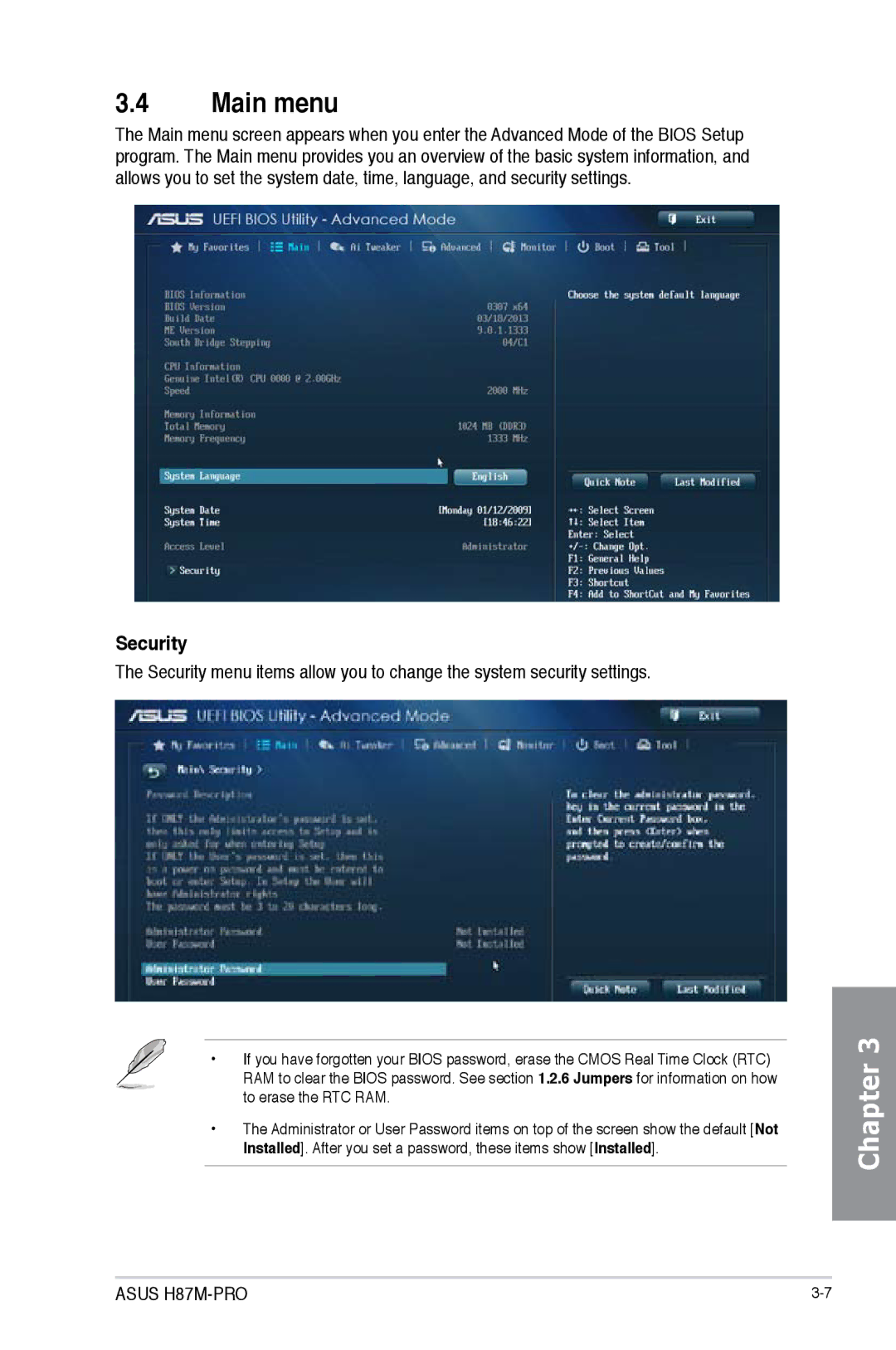 Asus H87M-PRO manual Main menu, Security 