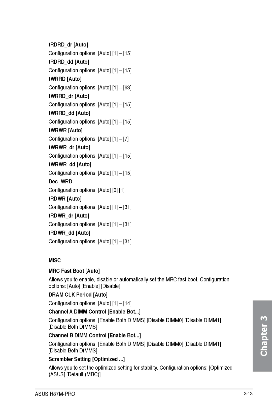 Asus H87M-PRO manual TRDRDdr Auto, DecWRD, MRC Fast Boot Auto, Dram CLK Period Auto, Channel a Dimm Control Enable Bot 