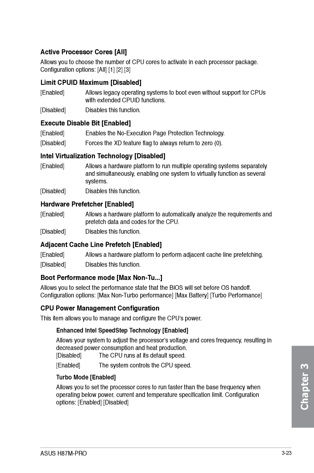 Asus H87M-PRO manual Active Processor Cores All, Limit Cpuid Maximum Disabled, Execute Disable Bit Enabled 