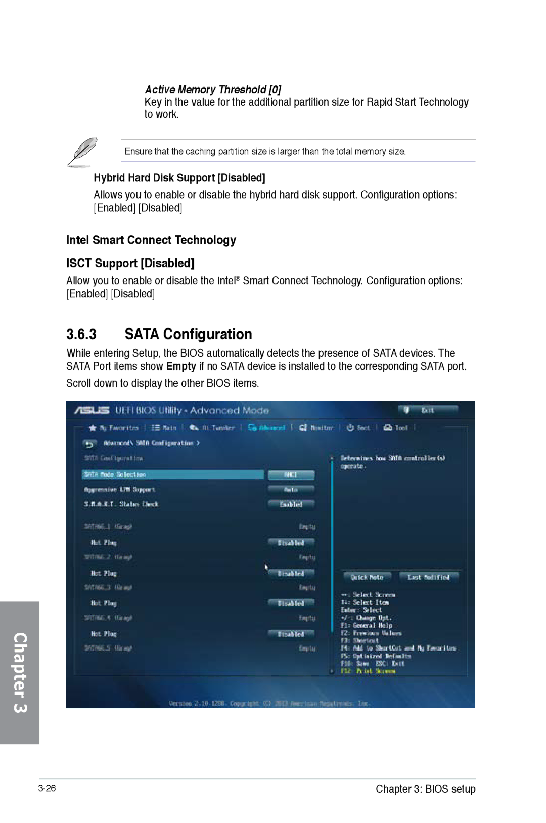 Asus H87M-PRO manual Sata Configuration, Intel Smart Connect Technology Isct Support Disabled, Active Memory Threshold 