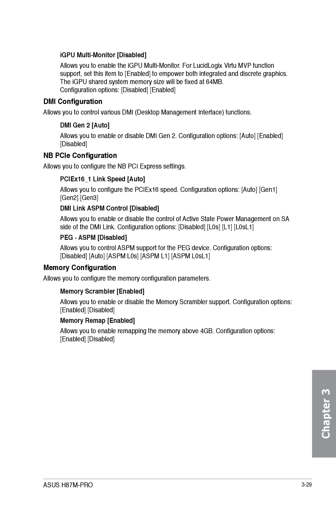 Asus H87M-PRO manual DMI Configuration, NB PCIe Configuration, Memory Configuration 