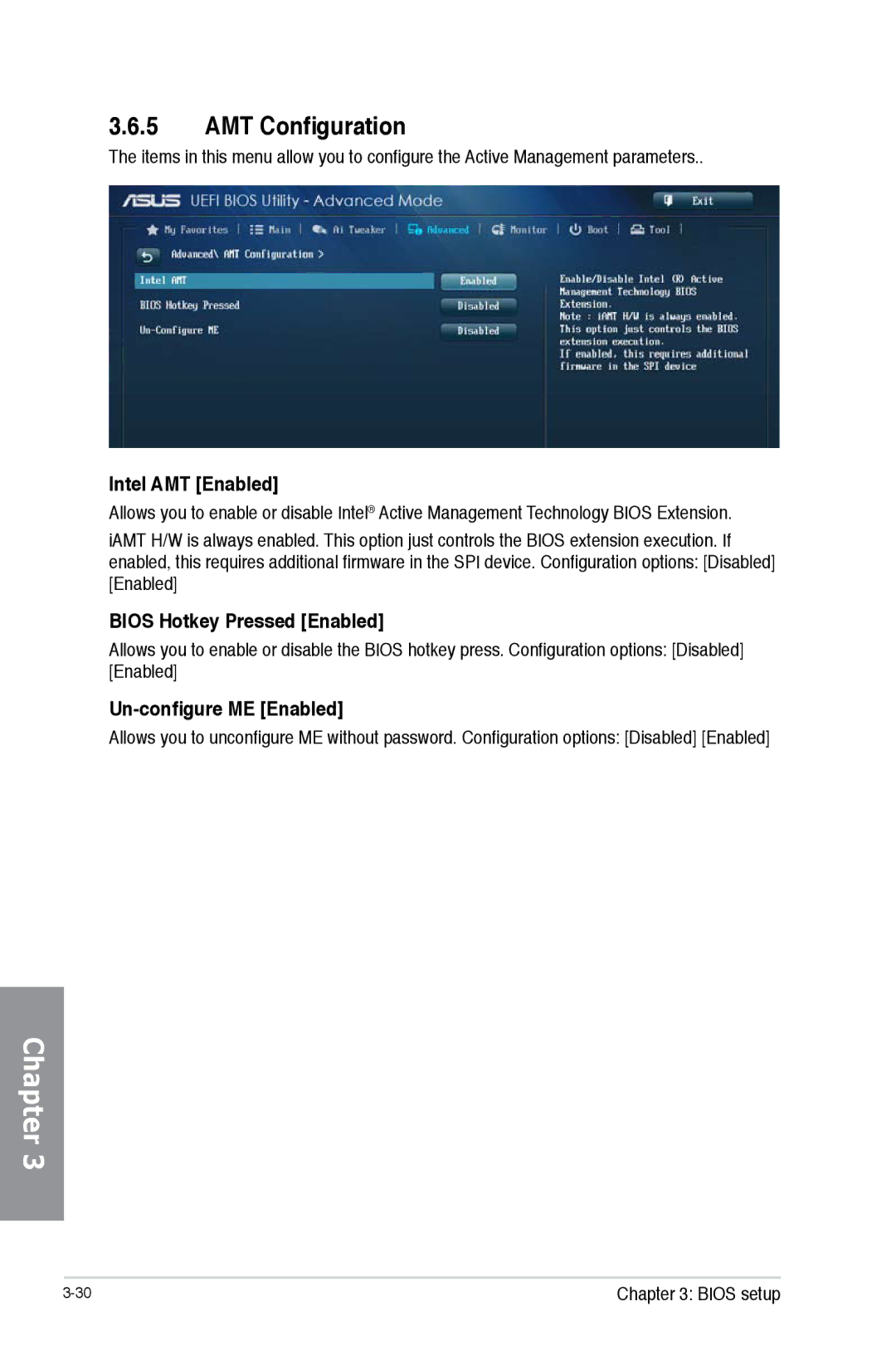 Asus H87M-PRO manual AMT Configuration, Intel AMT Enabled, Bios Hotkey Pressed Enabled, Un-configure ME Enabled 