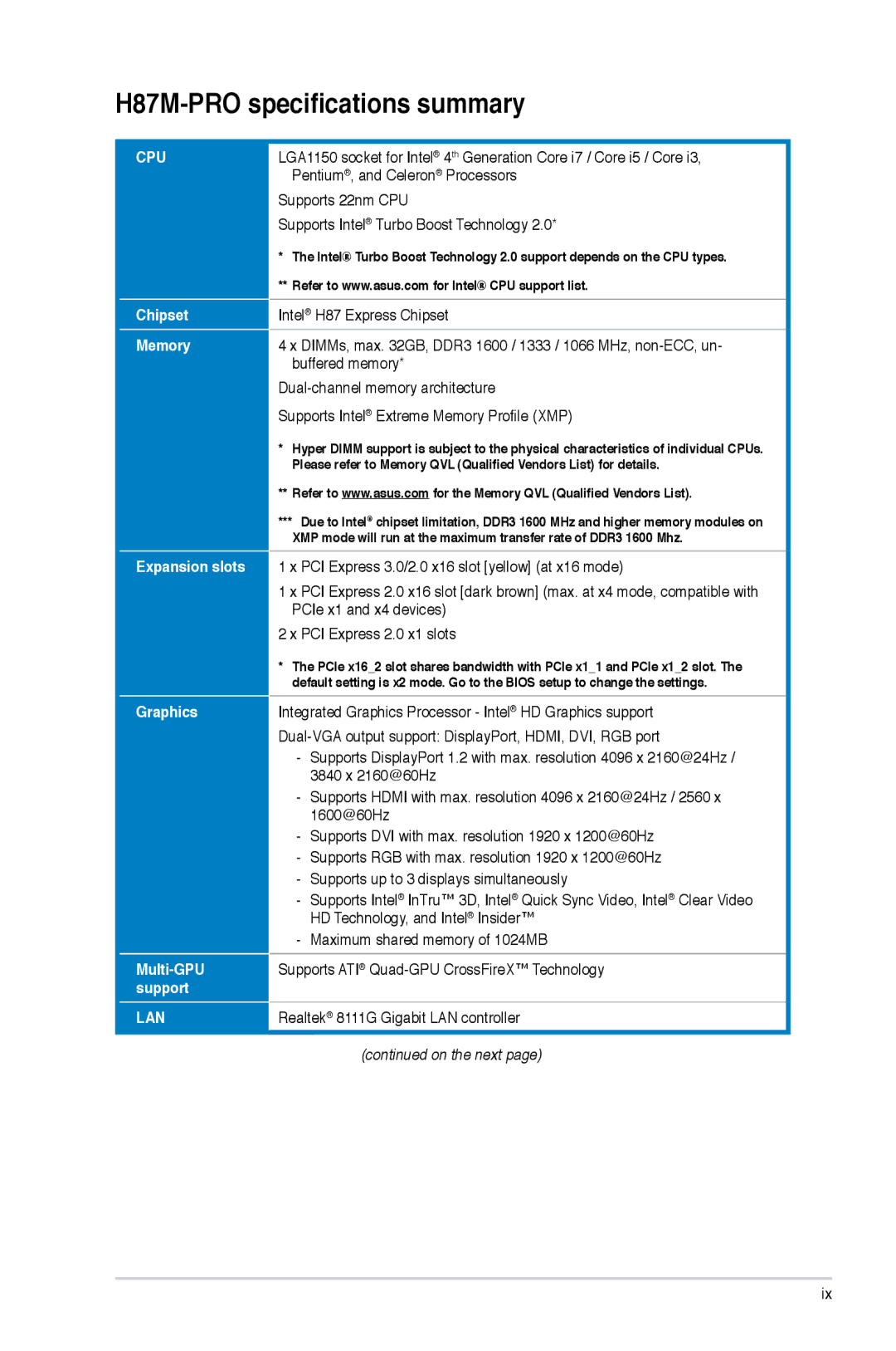 Asus manual H87M-PRO specifications summary, Lan 