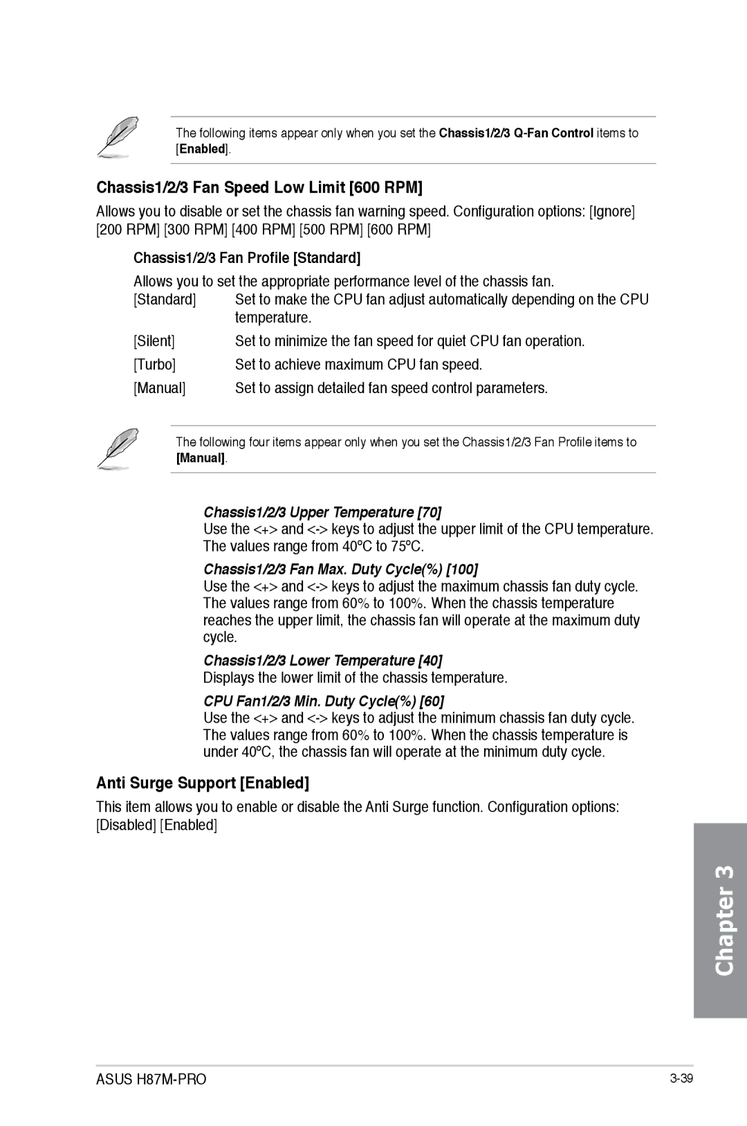 Asus H87M-PRO manual Chassis1/2/3 Fan Speed Low Limit 600 RPM, Anti Surge Support Enabled 