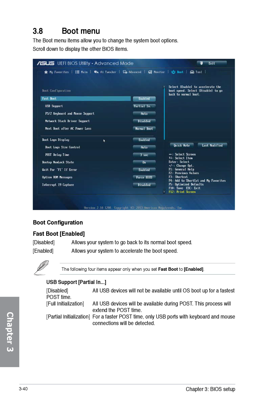 Asus H87M-PRO manual Boot menu, Boot Configuration Fast Boot Enabled, USB Support Partial 