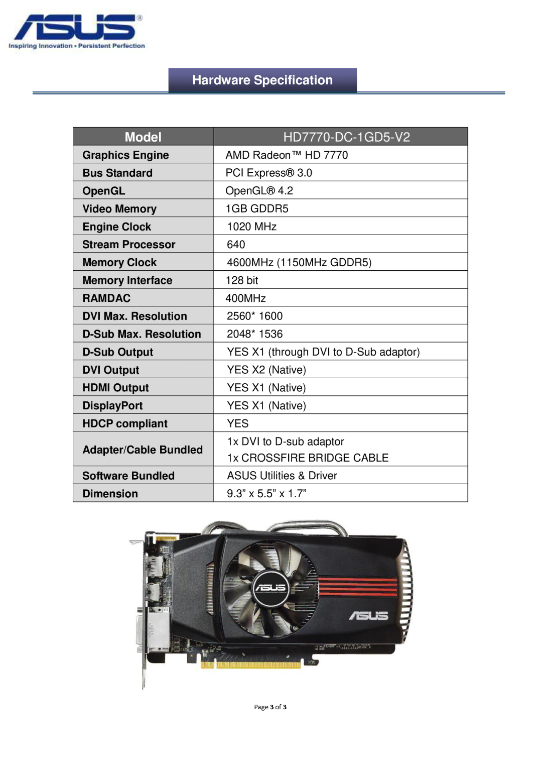 Asus HD7770DC1GD5, HD77701GD5 manual Hardware Specification Model, HD7770-DC-1GD5-V2, Ramdac 