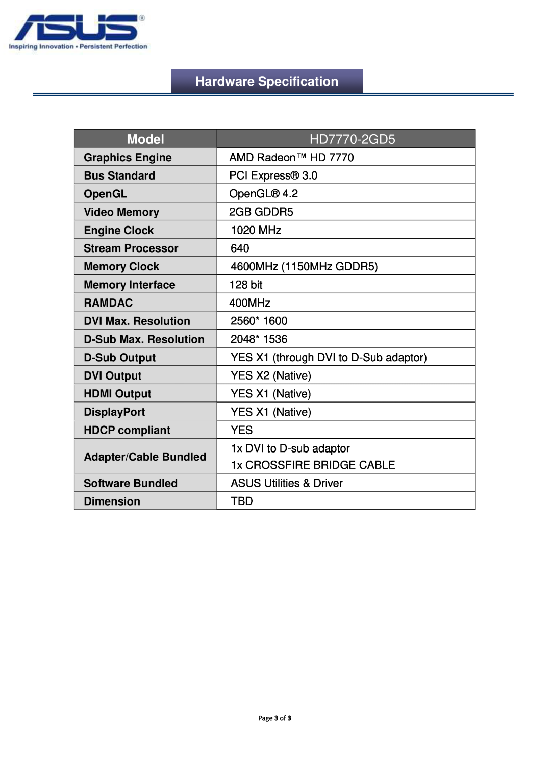 Asus HD77702GD5 manual Hardware Specification, Model, HD7770-2GD5 