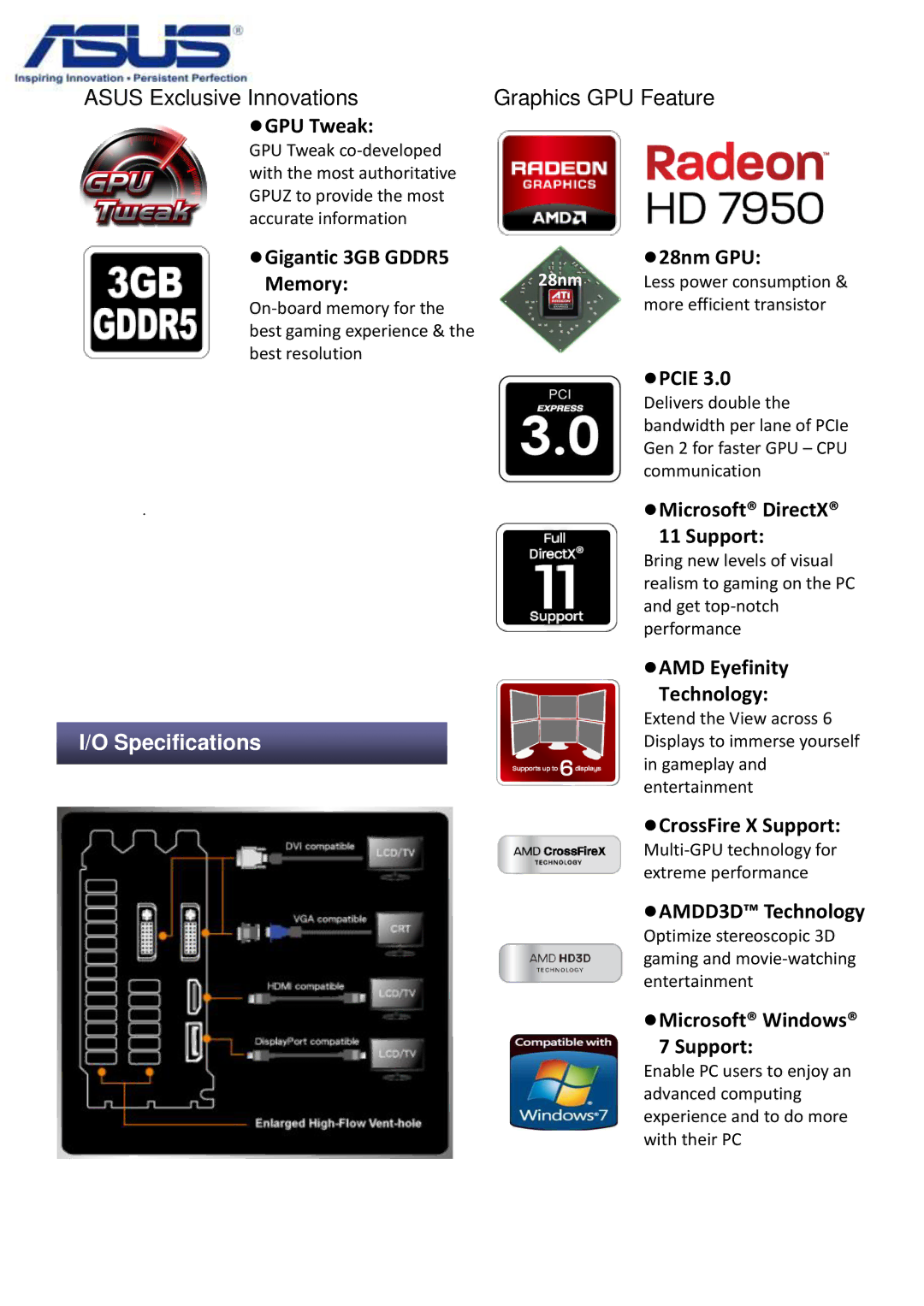 Asus HD7950DC23GD5V2 manual  GPU Tweak, Gigantic 3GB GDDR5 28nm GPU Memory, Pcie, Microsoft DirectX, Support 