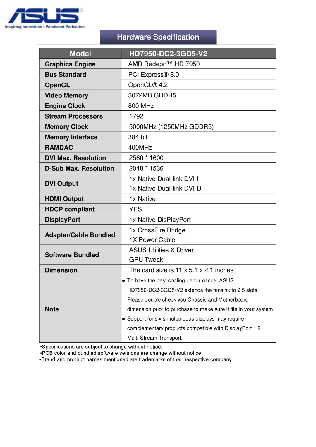 Asus HD7950DC23GD5V2 manual Hardware Specification 