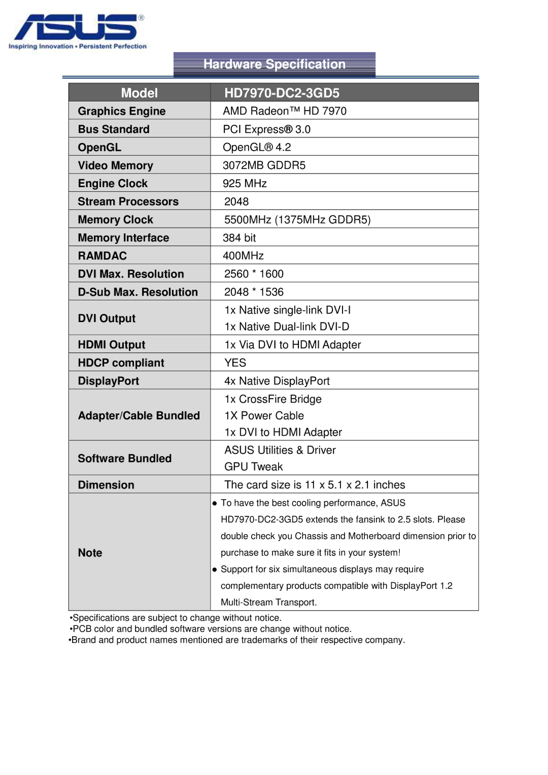 Asus manual Hardware Specification, Model HD7970-DC2-3GD5 