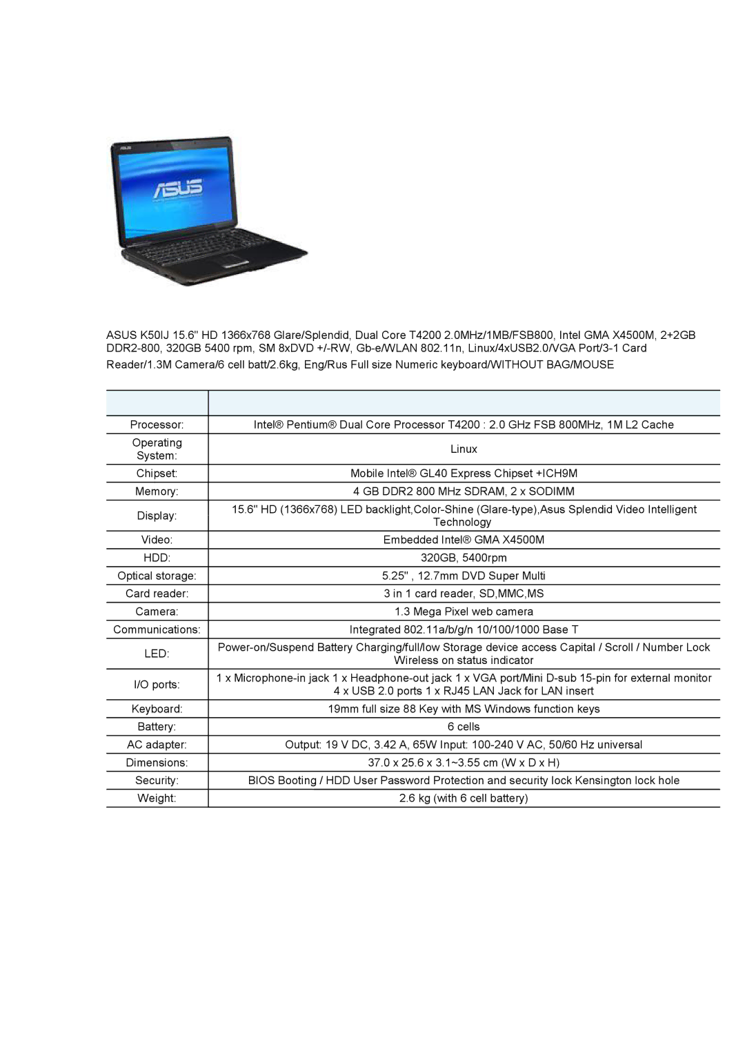 Asus K50IJ-BNC5 dimensions Led 