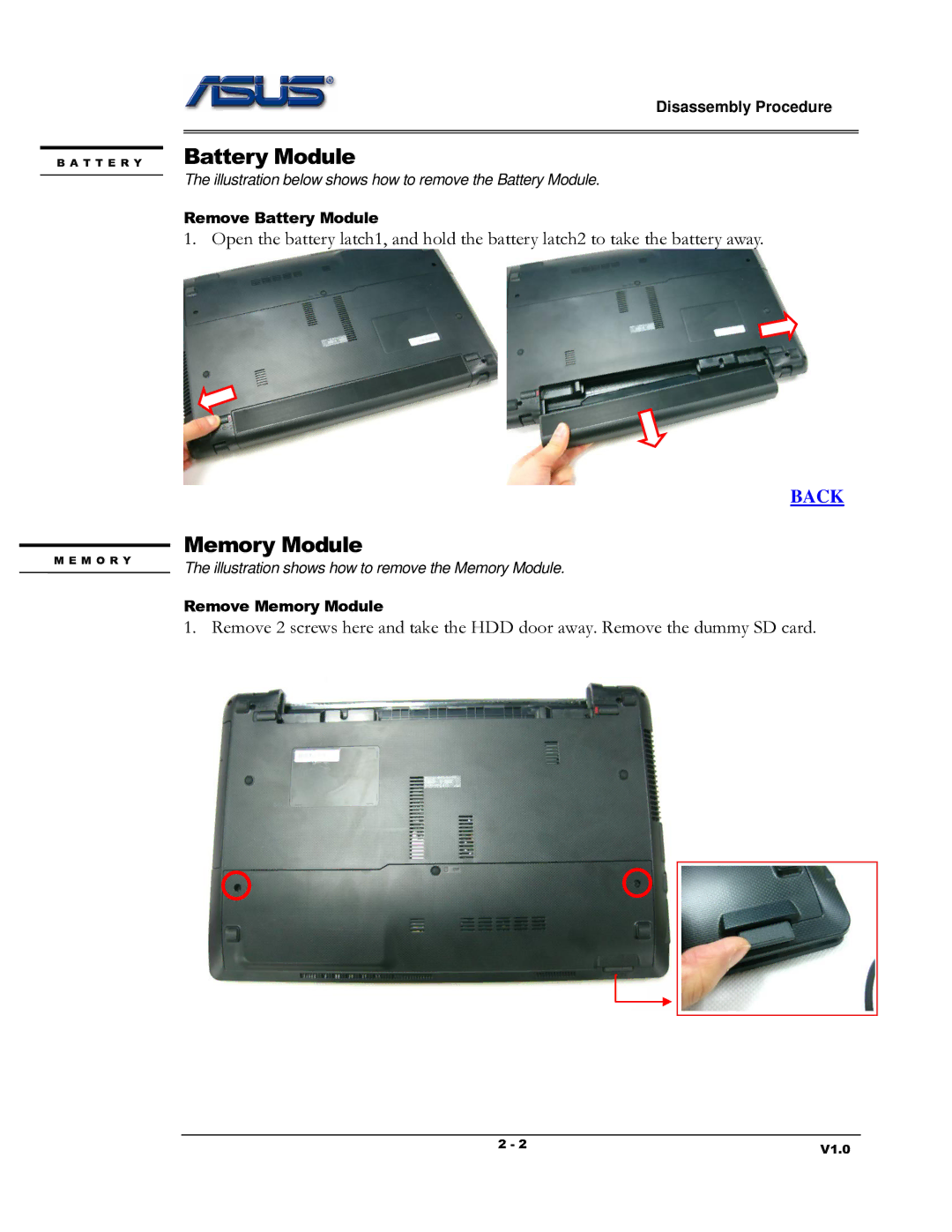 Asus K53 Series manual Battery Module, Memory Module 