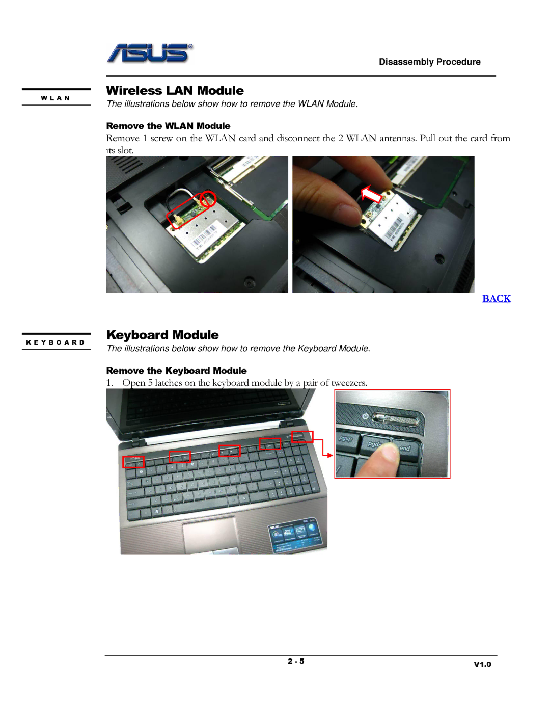 Asus K53 Series manual Wireless LAN Module, Keyboard Module 