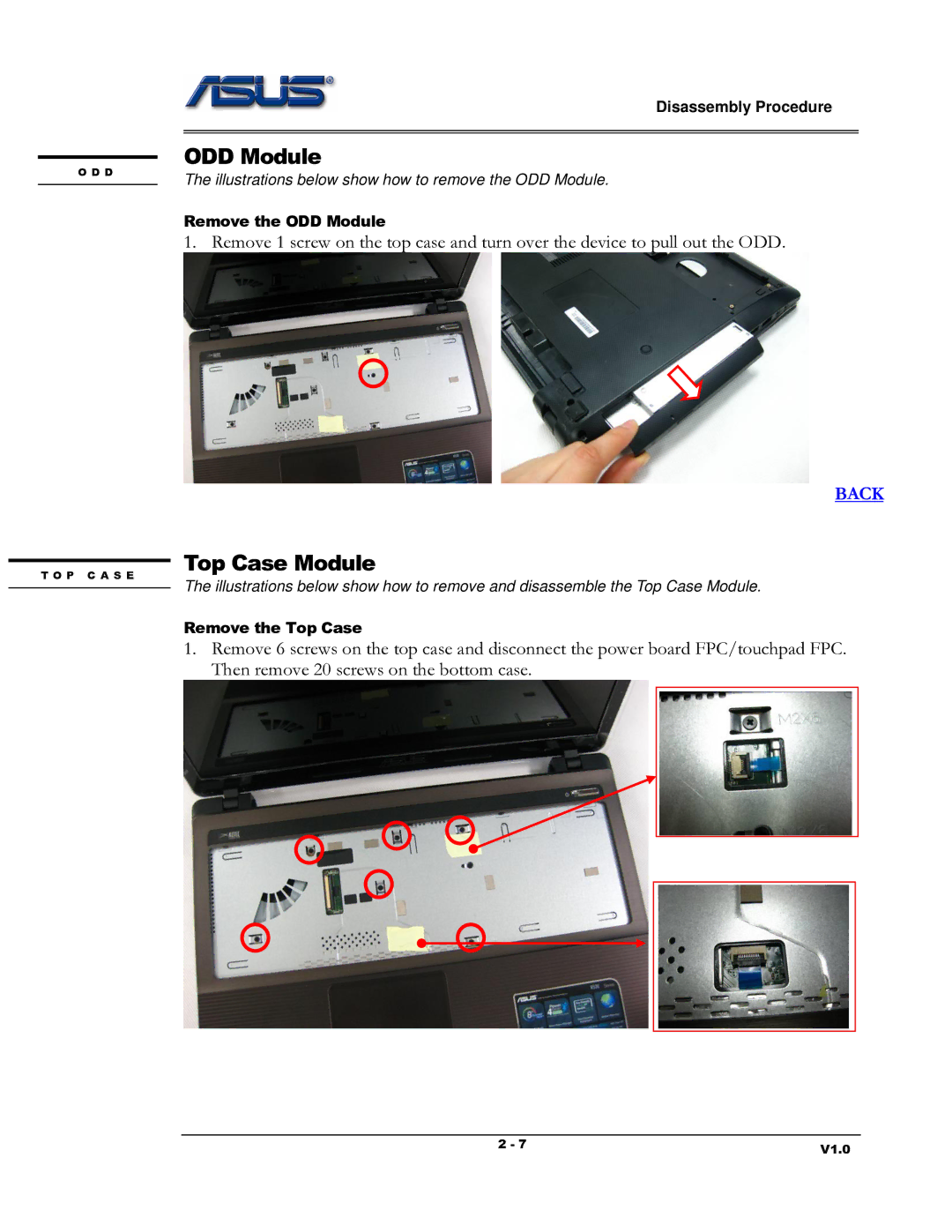 Asus K53 Series manual ODD Module, Top Case Module 