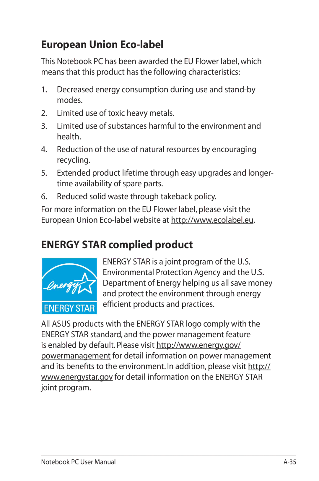 Asus K53E-BBR19 user manual European Union Eco-label, Energy Star complied product 