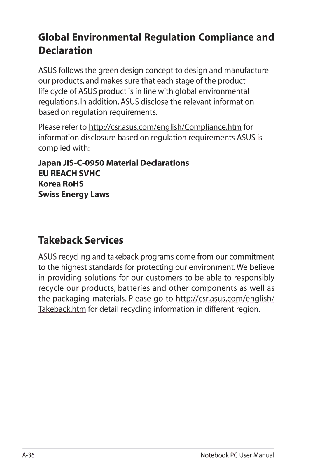 Asus K53E-BBR19 user manual Global Environmental Regulation Compliance and Declaration, Takeback Services 