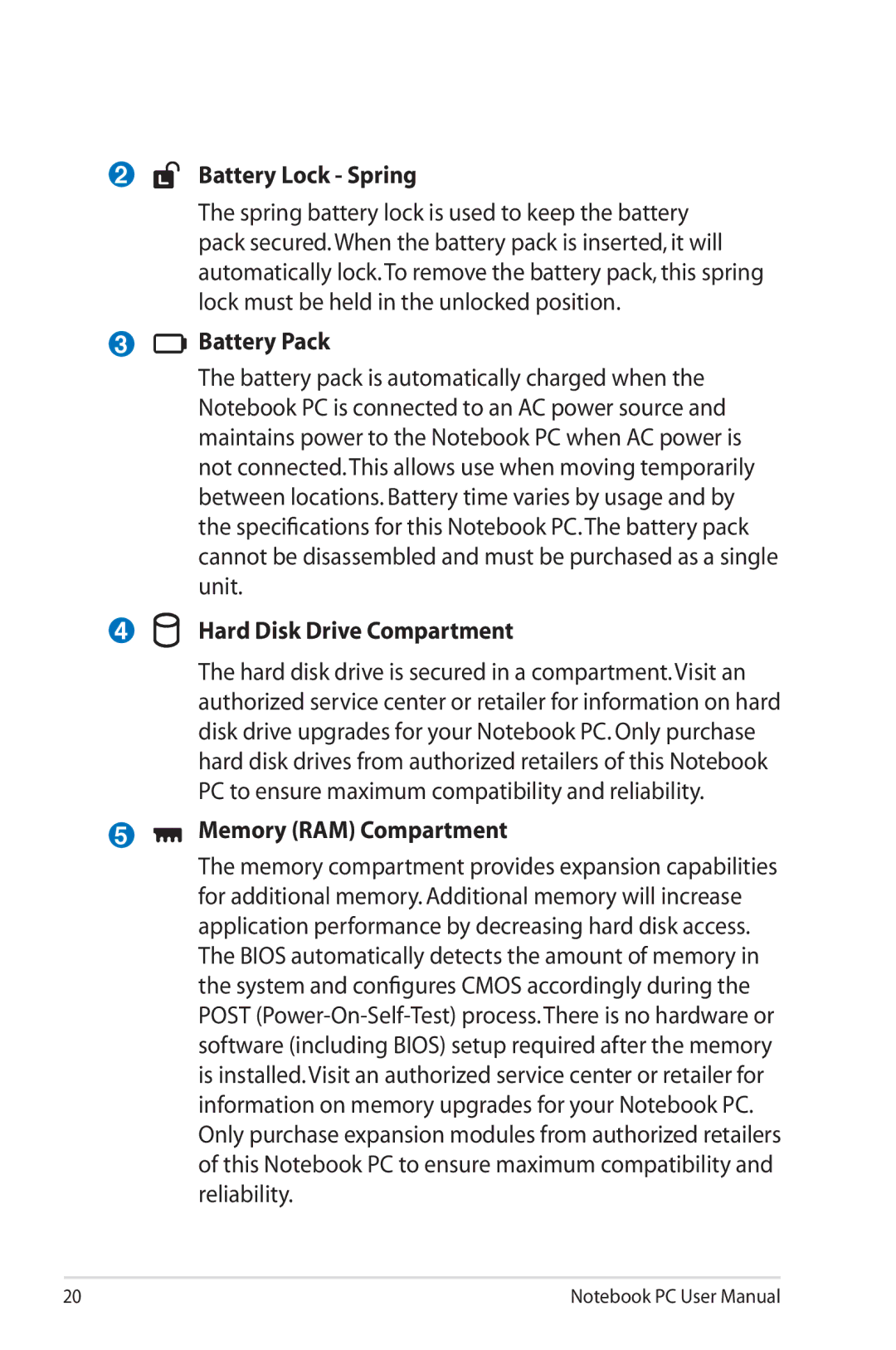 Asus K53E-BBR19 user manual Battery Lock Spring, Battery Pack, Hard Disk Drive Compartment, Memory RAM Compartment 