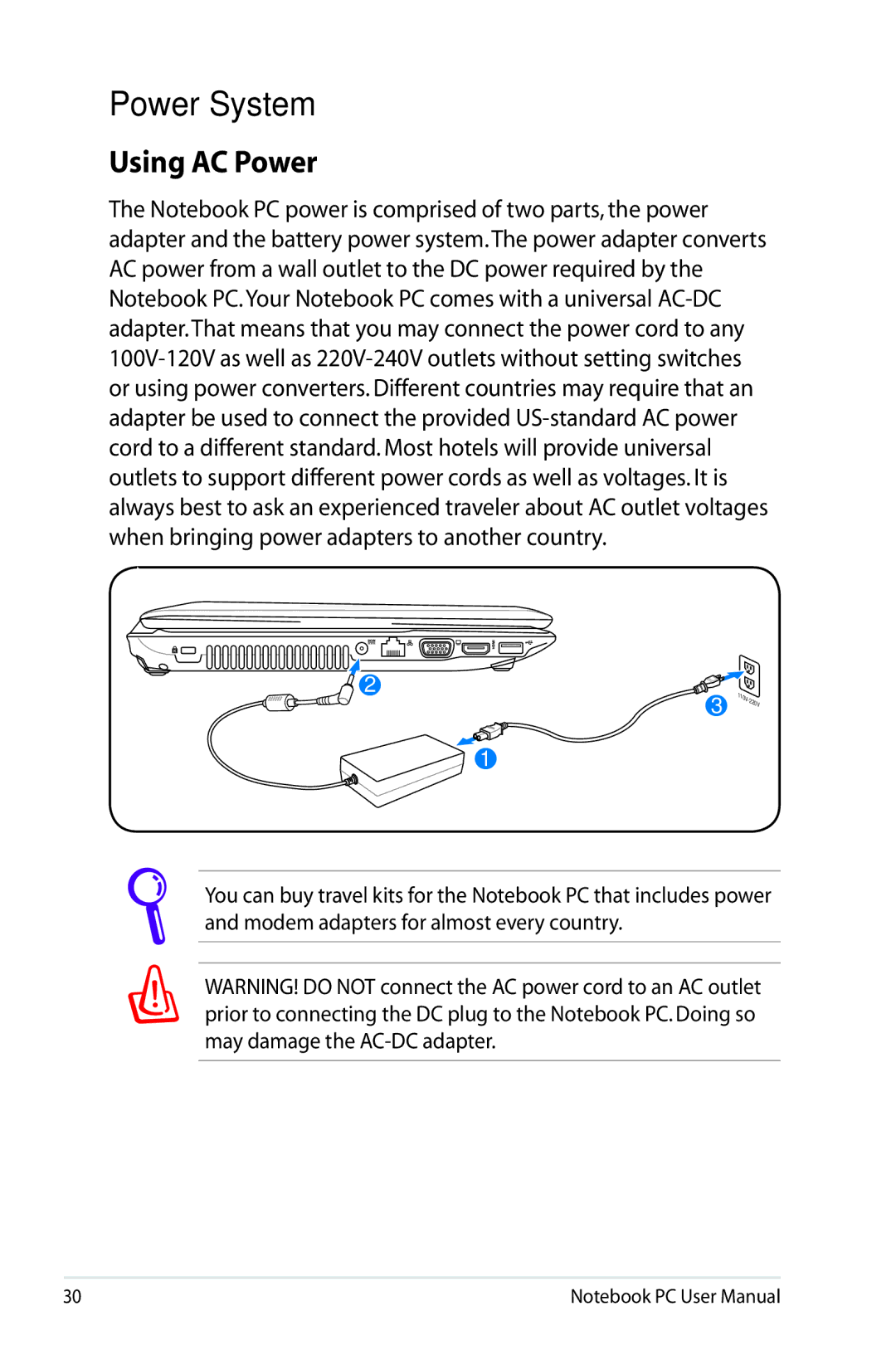 Asus K53E-BBR19 user manual Power System, Using AC Power 