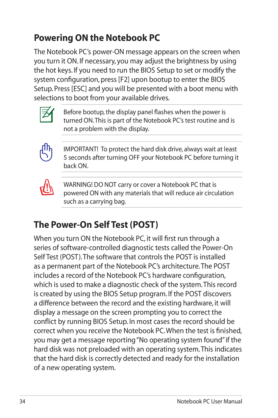 Asus K53E-BBR19 user manual Powering on the Notebook PC, Power-On Self Test Post 