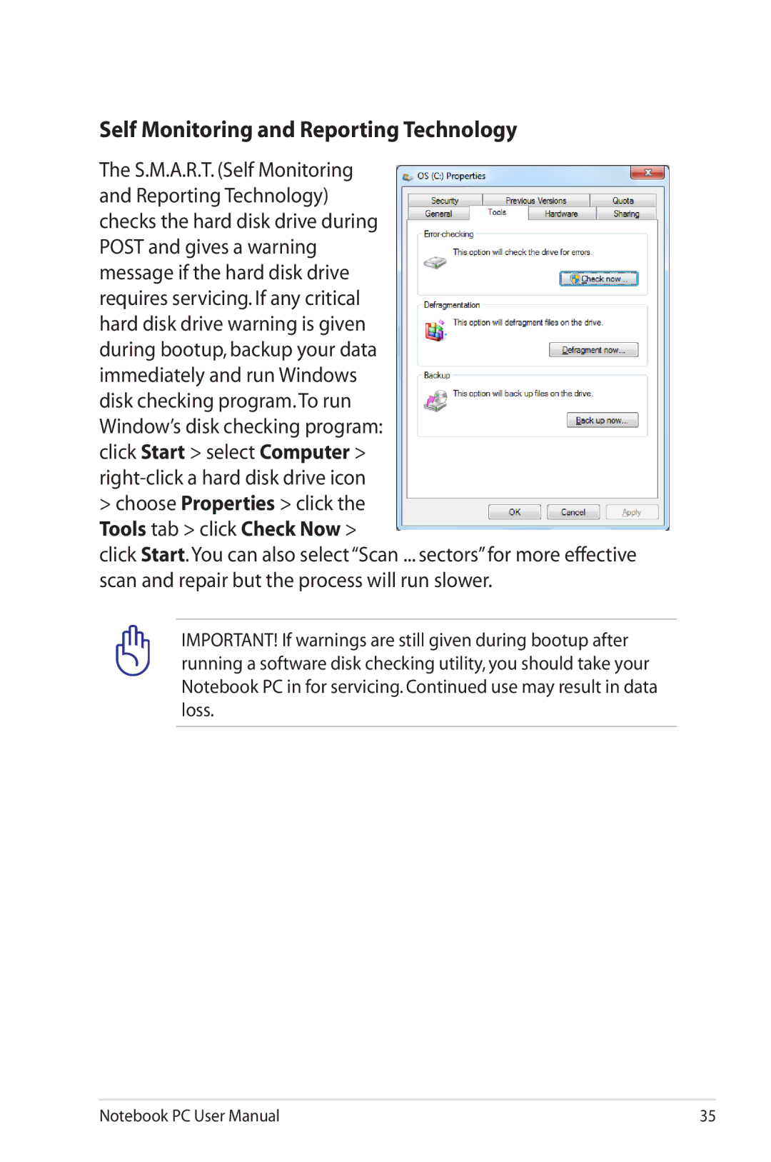 Asus K53E-BBR19 user manual Self Monitoring and Reporting Technology 