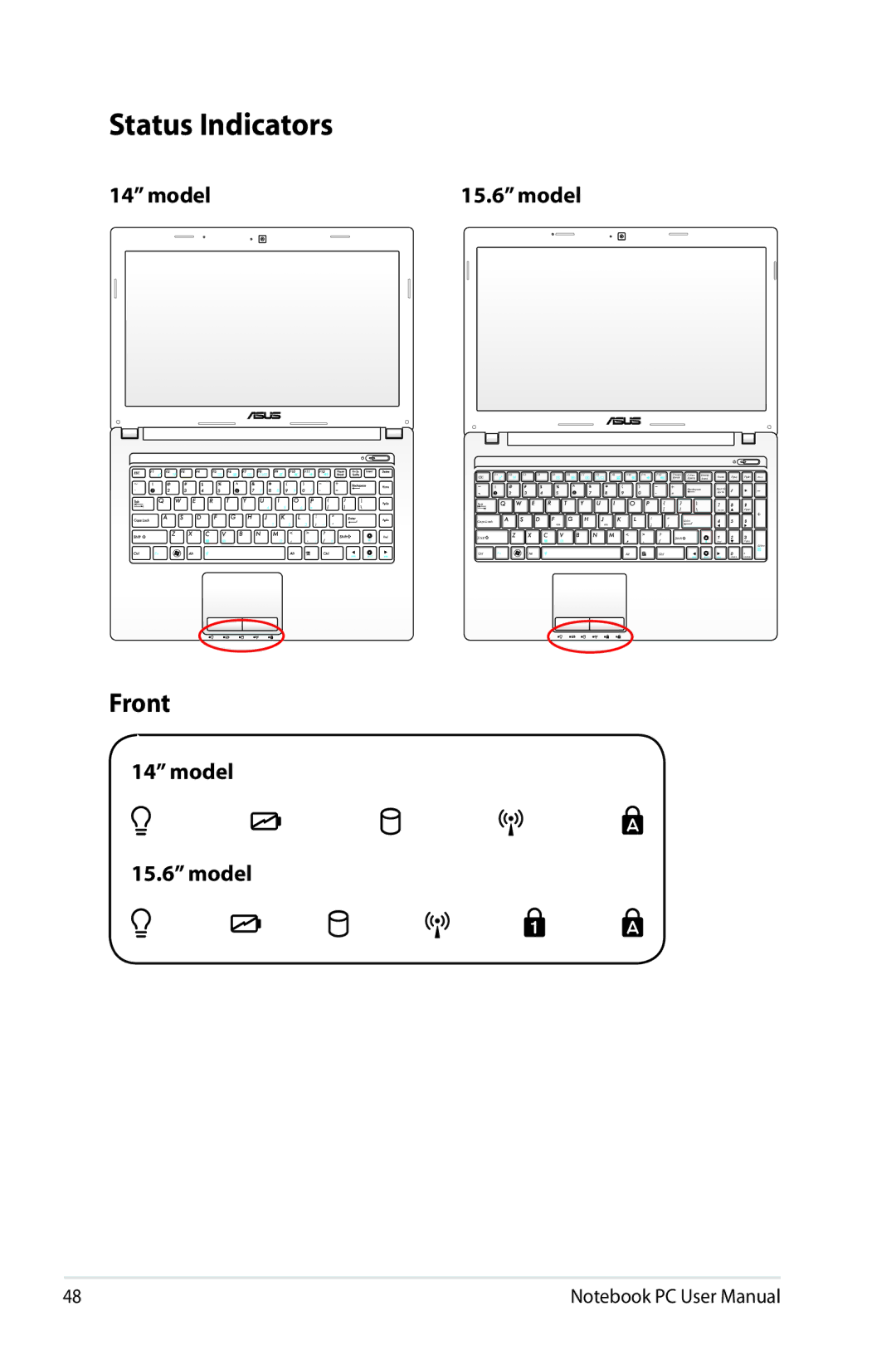 Asus K53E-BBR19 user manual Status Indicators, Front 