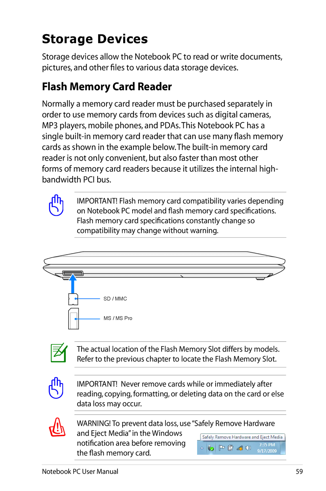 Asus K53E-BBR19 user manual Storage Devices, Flash Memory Card Reader 