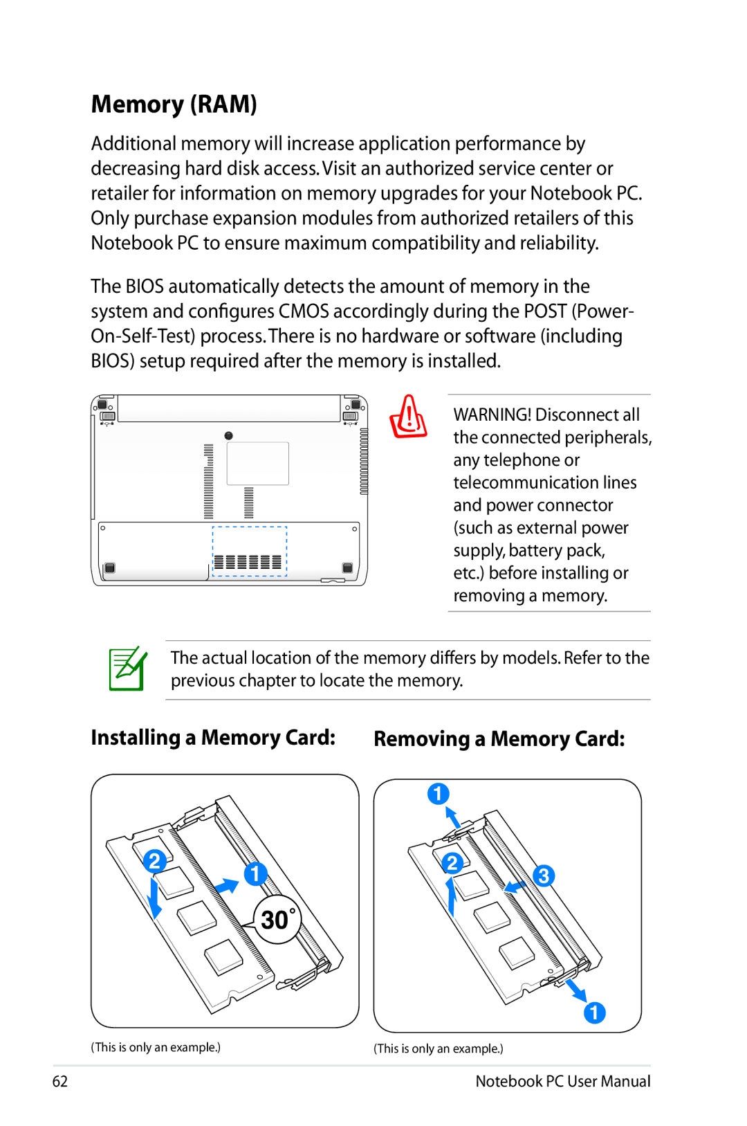 Asus K53E-BBR19 user manual Memory RAM, Installing a Memory Card Removing a Memory Card 