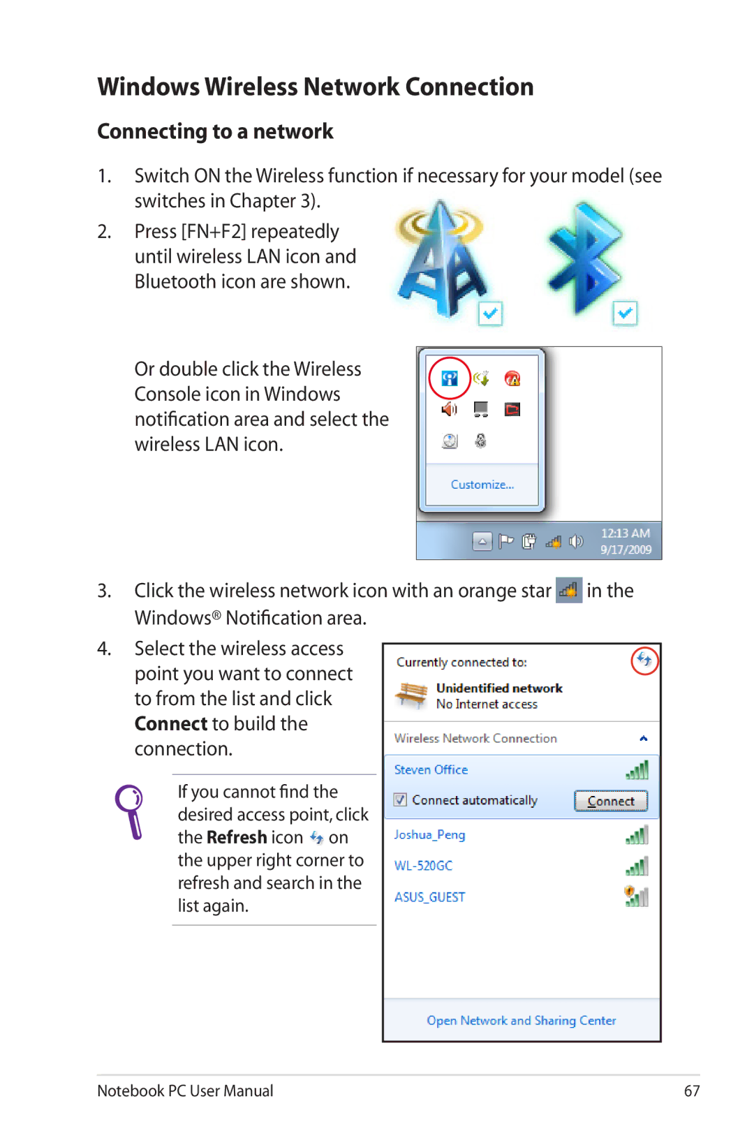 Asus K53E-BBR19 user manual Windows Wireless Network Connection, Connecting to a network 