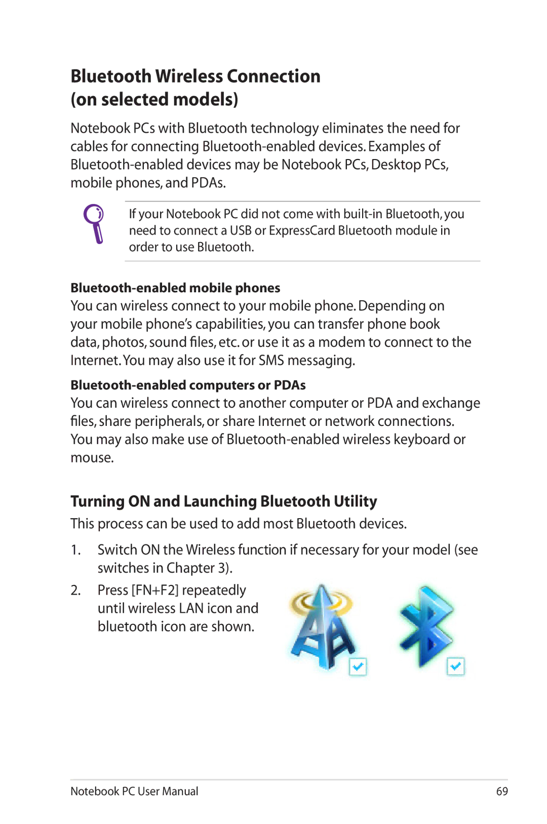 Asus K53E-BBR19 user manual Bluetooth Wireless Connection on selected models, Turning on and Launching Bluetooth Utility 