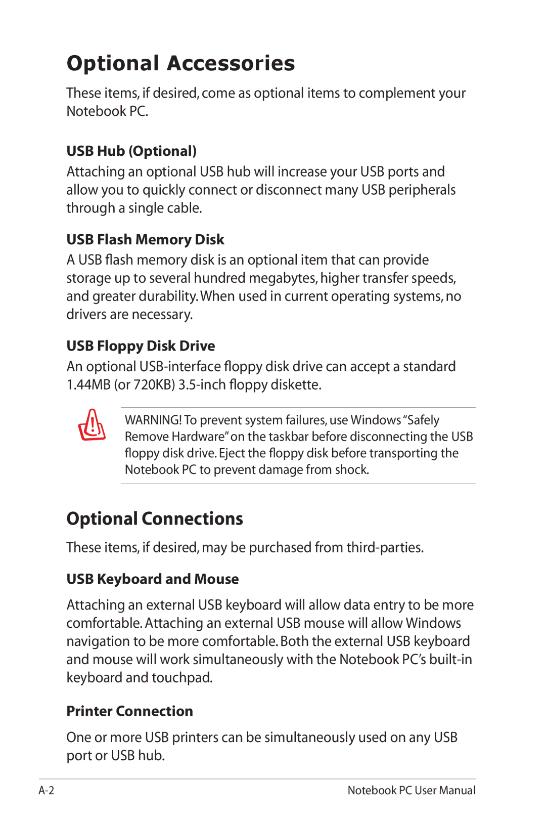 Asus K53E-BBR19 user manual Optional Accessories, Optional Connections 