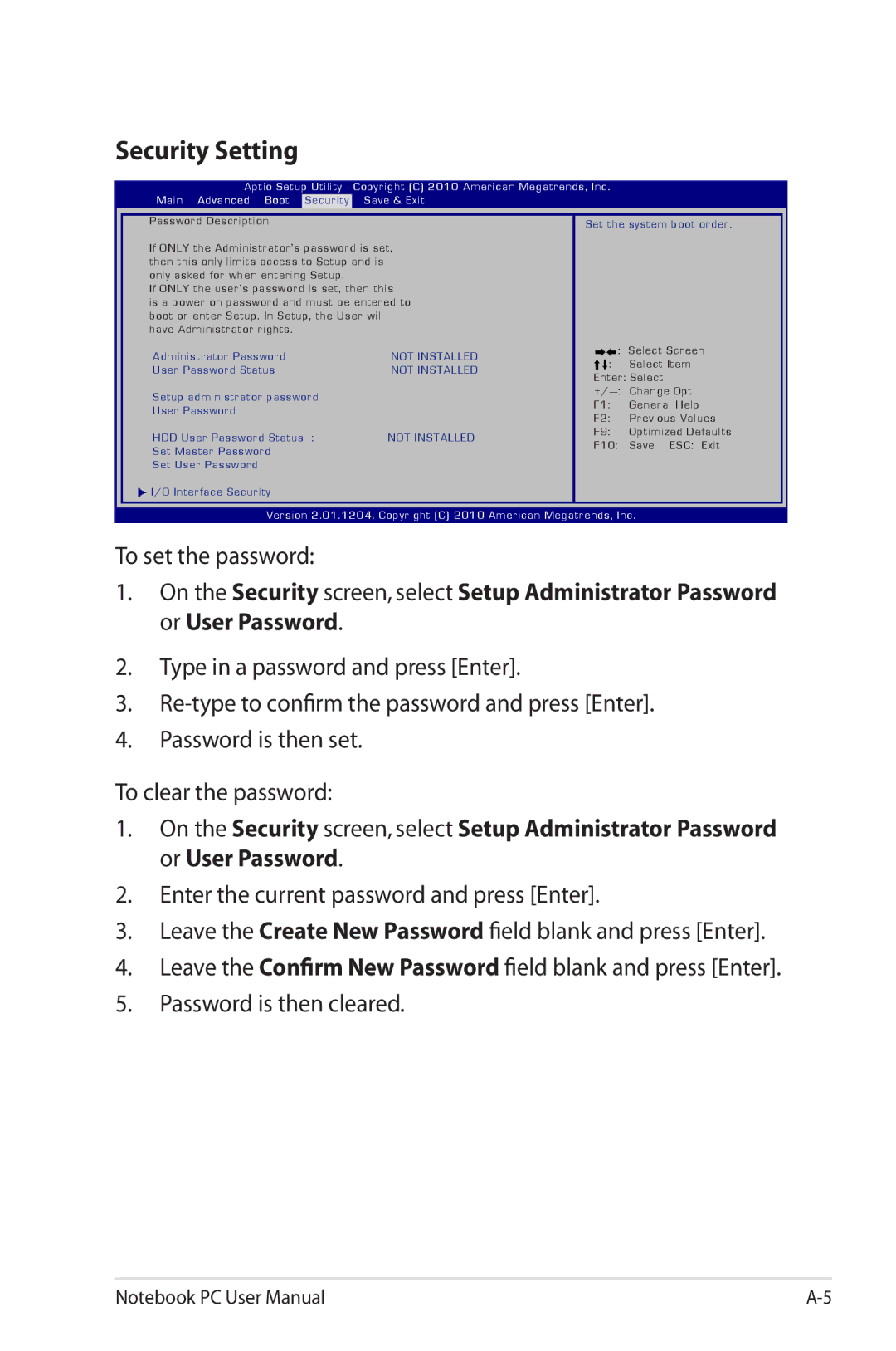 Asus K53E-BBR19 user manual Security Setting, To set the password 