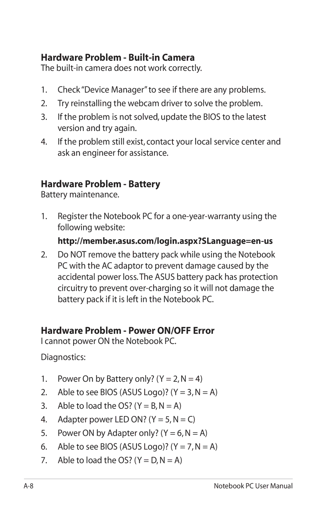 Asus K53E-BBR19 user manual Hardware Problem Built-in Camera, Hardware Problem Battery, Hardware Problem Power ON/OFF Error 