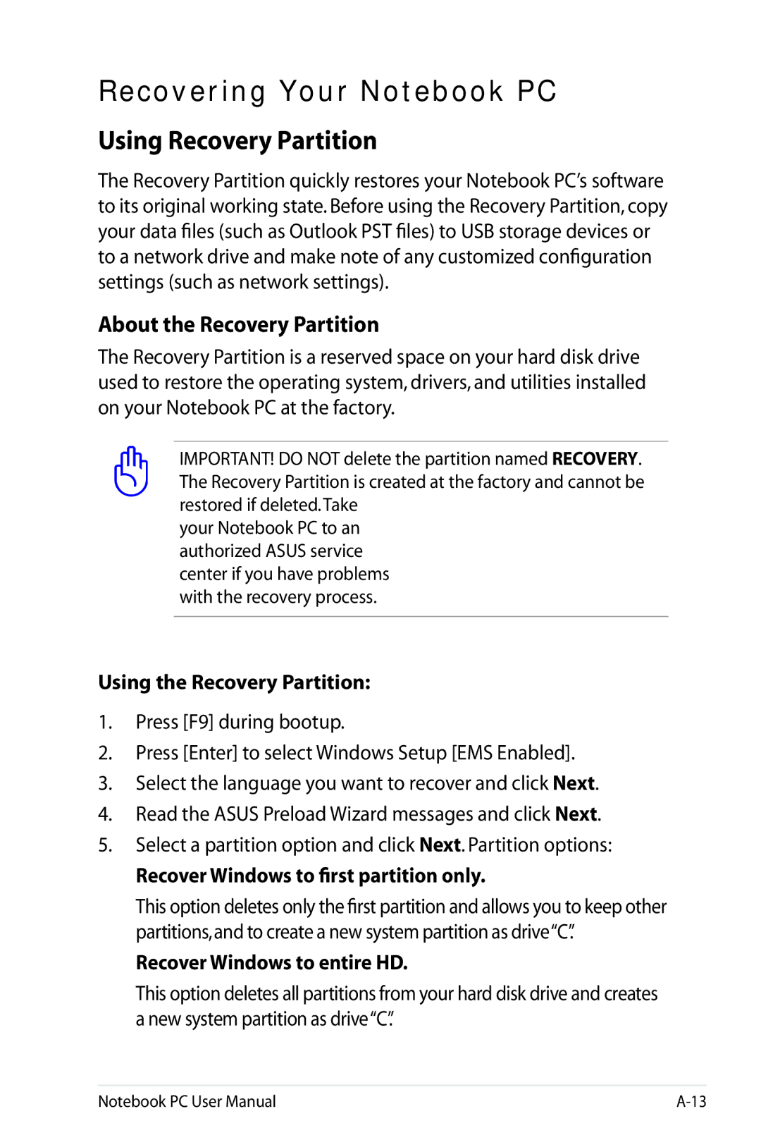 Asus K53E-BBR19 user manual Recovering Your Notebook PC, Using Recovery Partition, About the Recovery Partition 