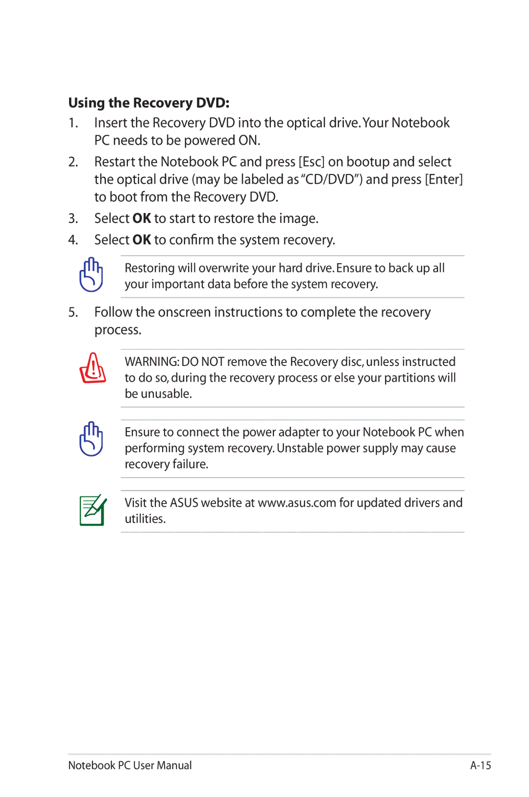 Asus K53E-BBR19 user manual Using the Recovery DVD 