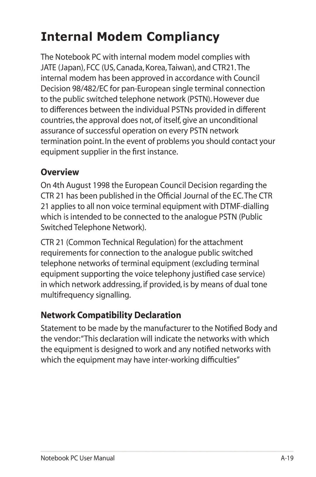 Asus K53E-BBR19 user manual Internal Modem Compliancy, Overview, Network Compatibility Declaration 