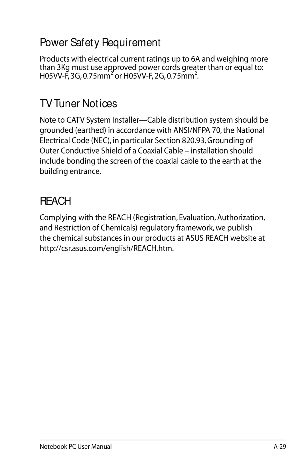 Asus K53EXR4 user manual Power Safety Requirement, TV Tuner Notices 