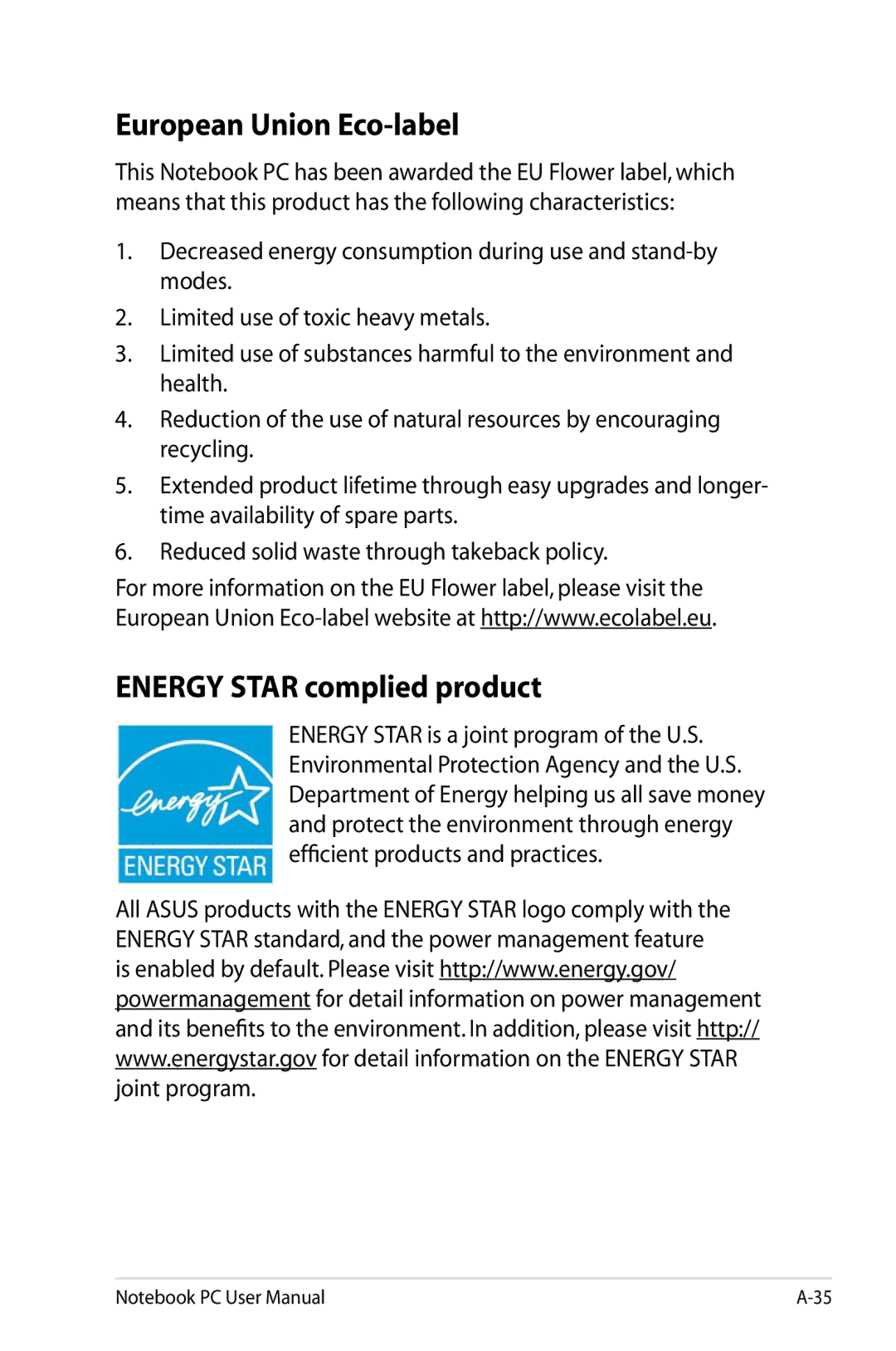 Asus K53EXR4 user manual European Union Eco-label, Energy Star complied product 