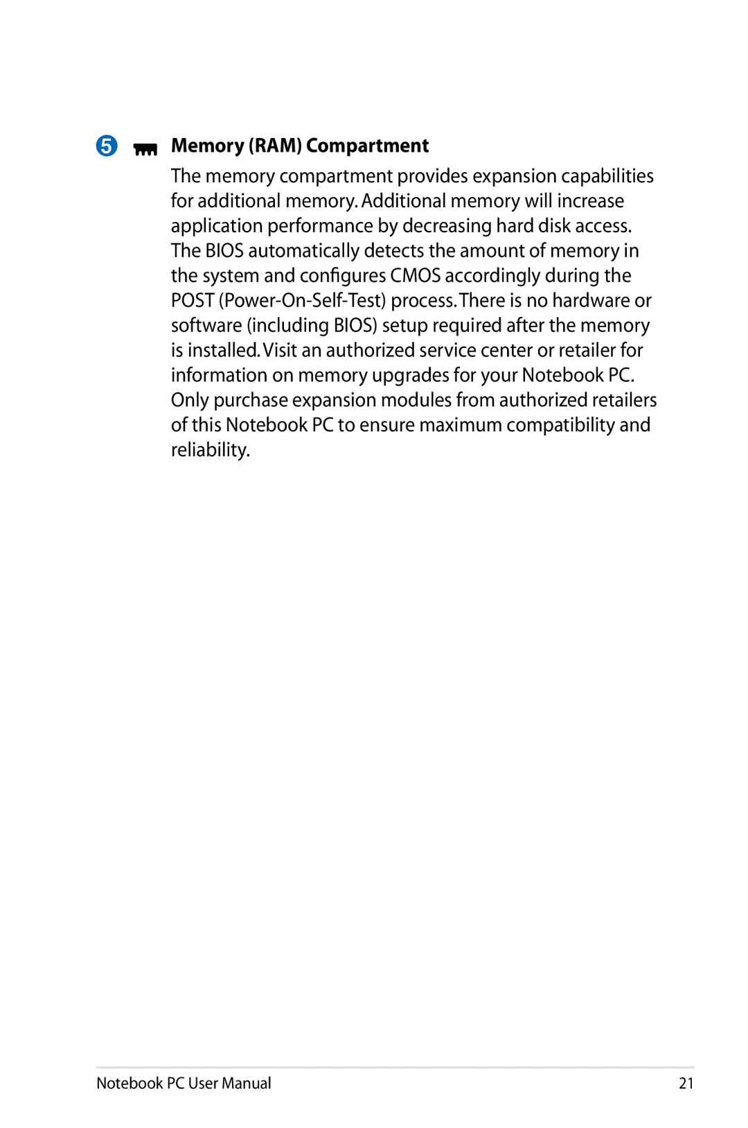 Asus K53EXR4 user manual Memory RAM Compartment 