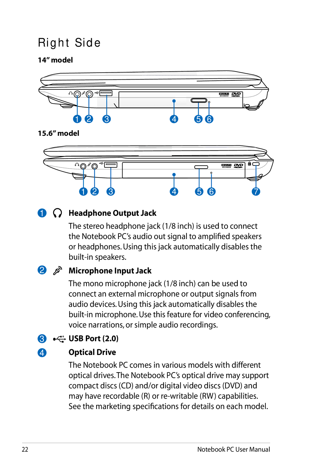 Asus K53EXR4 user manual Right Side, Headphone Output Jack, Microphone Input Jack, USB Port Optical Drive 