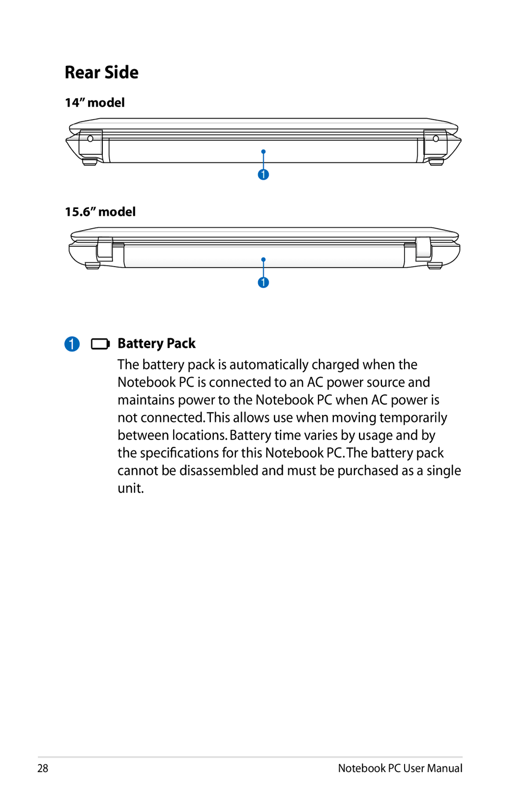 Asus K53EXR4 user manual Rear Side, Battery Pack 